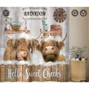 Highland cow Farmhouse shower curtain plus rugs toilet cover 4 piece set NWT Hel